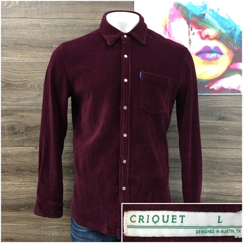 Criquet Men Corduroy Long Sleeve Button Down Shirt Burgundy Large Stretch Pocket